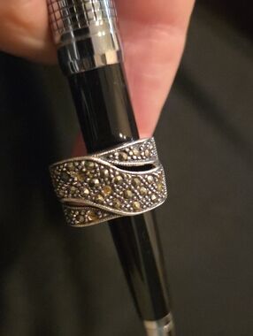 Sterling Silver 925 Marcasite Wave Wide Band Ring - Silver